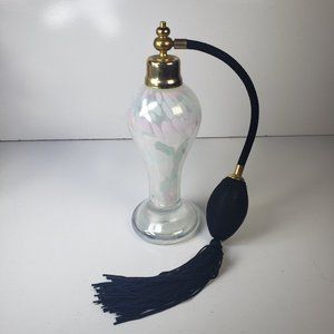 Vtg White on Clear Murano Style Hand Blown Glass Perfume Atomizer Bottle w/ Bulb